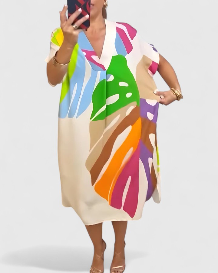 Annie – Abstract Print V Neck Kaftan Midi Dress