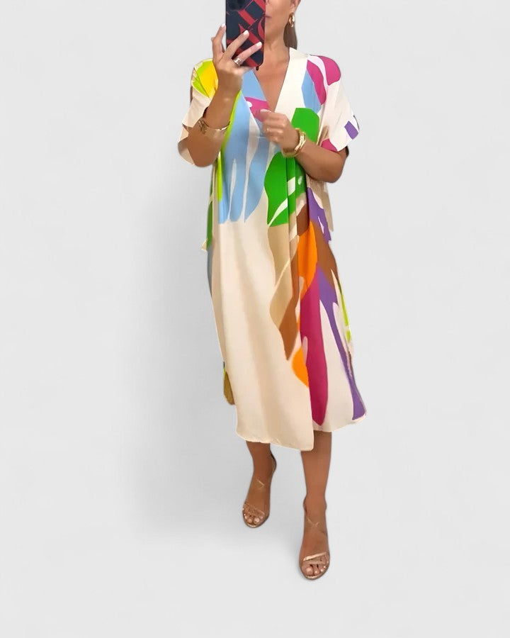 Annie – Abstract Print V Neck Kaftan Midi Dress