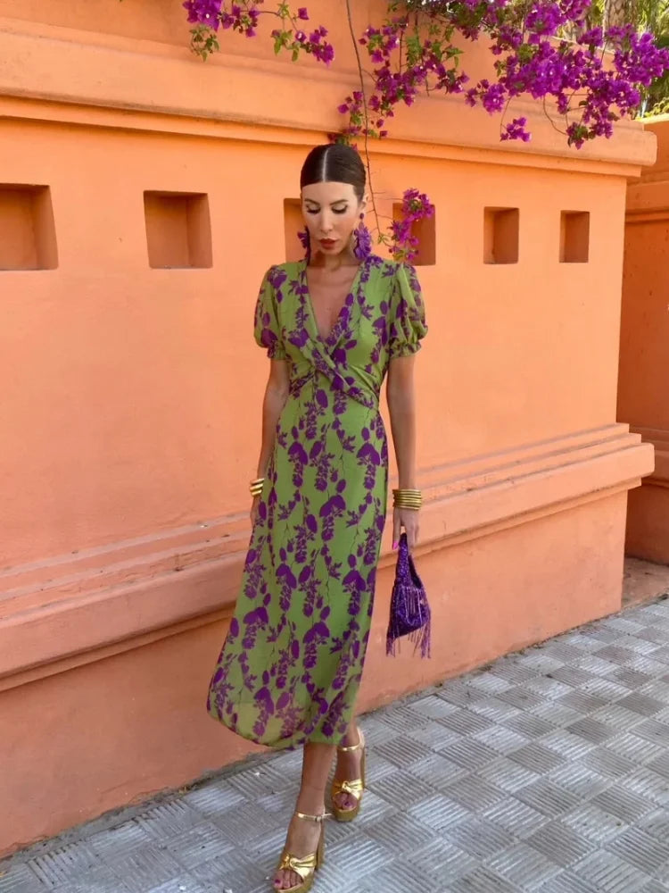 Aubrey – Floral Twist Front Puff Sleeve Midi Dress