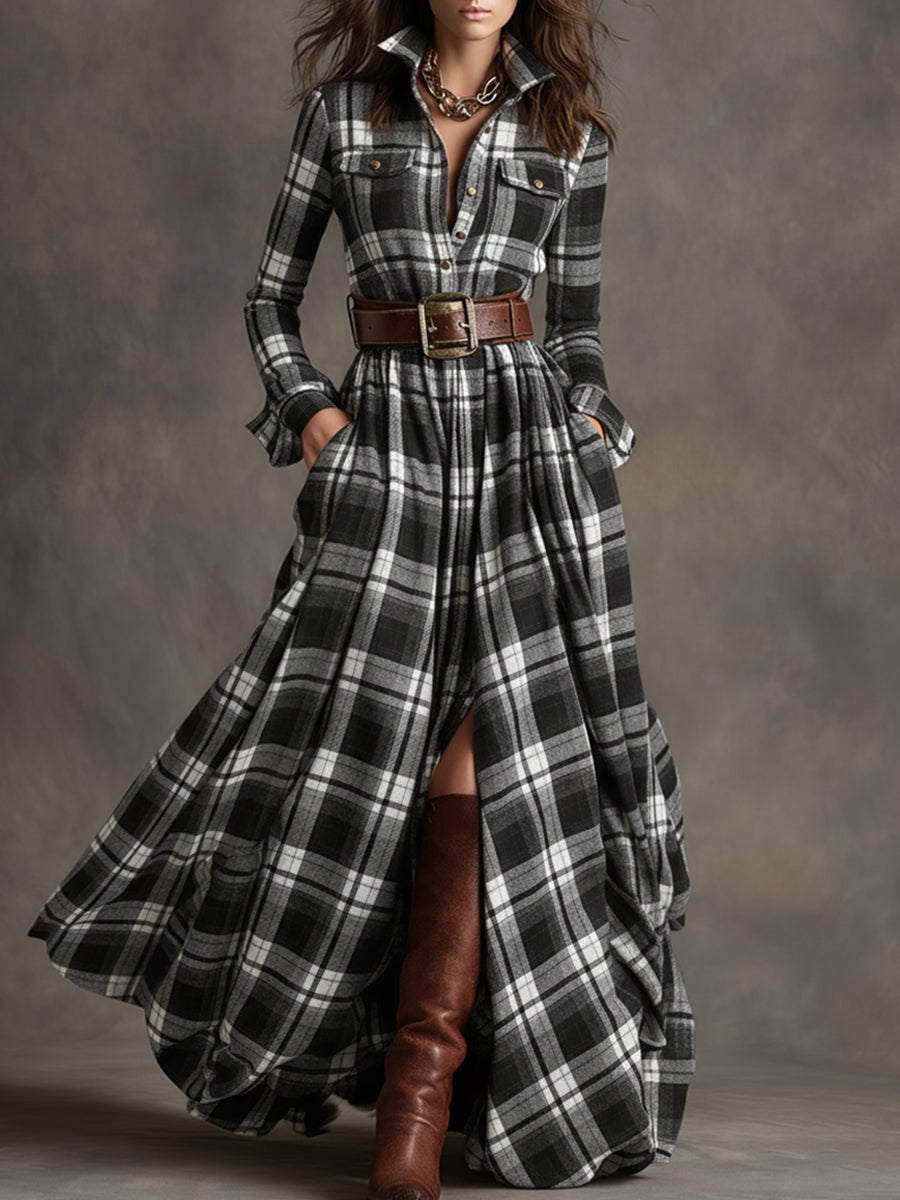 Hazel – Plaid Long Sleeve Maxi Shirt Dress