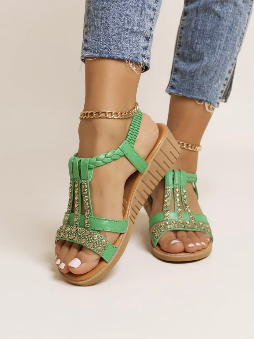 Rose – Rhinestone T-Strap Wedge Sandals
