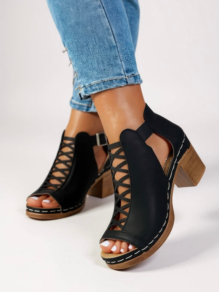 Audrey – Peep Toe Cutout Block Heel Sandals