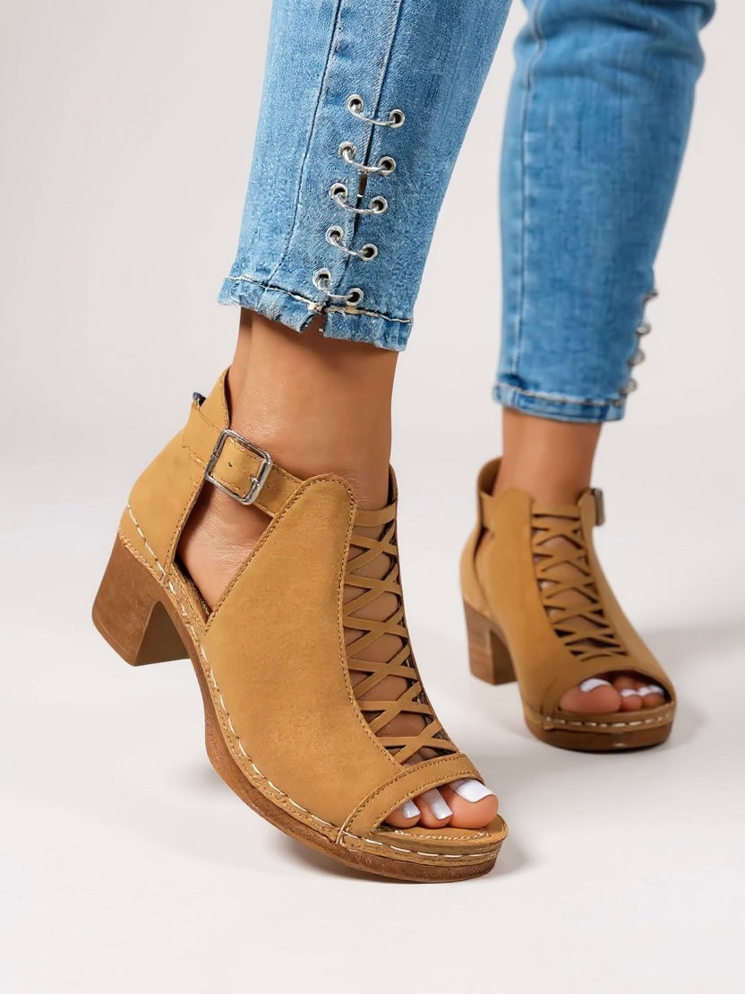 Audrey – Peep Toe Cutout Block Heel Sandals