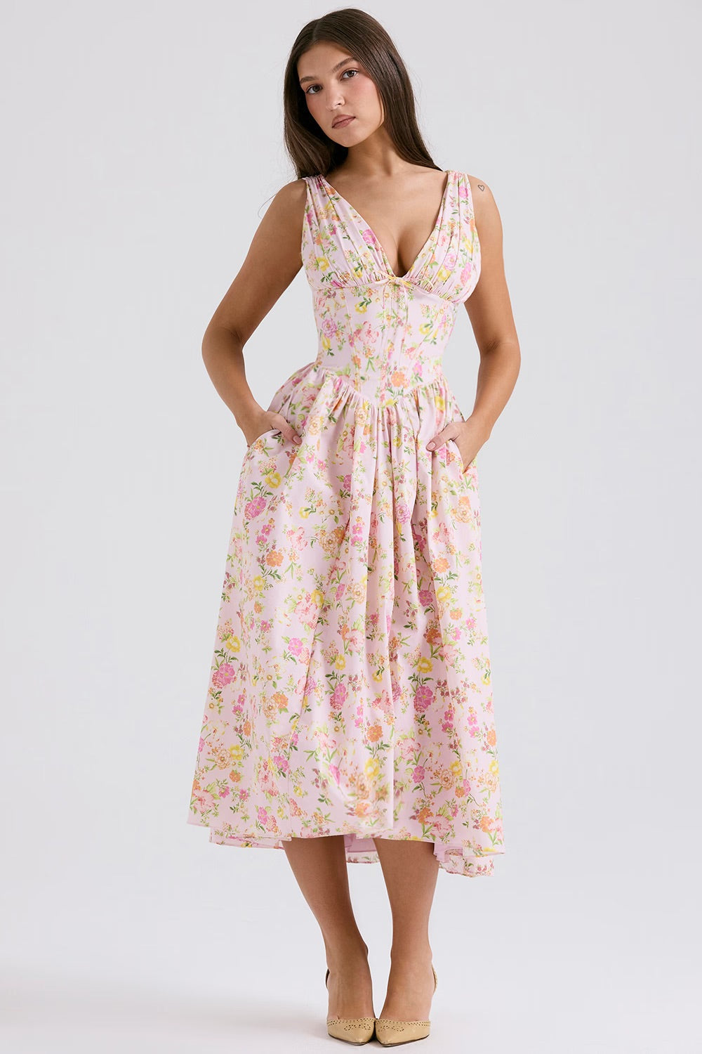 Journee – Floral Print V Neck A Line Summer Midi Dress