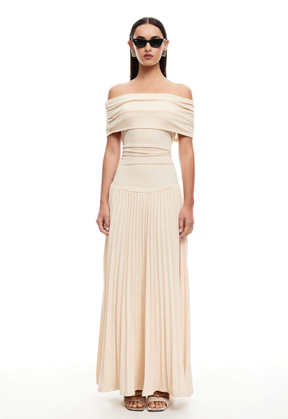 Amara – Off Shoulder Pleated Evening Maxi Dress