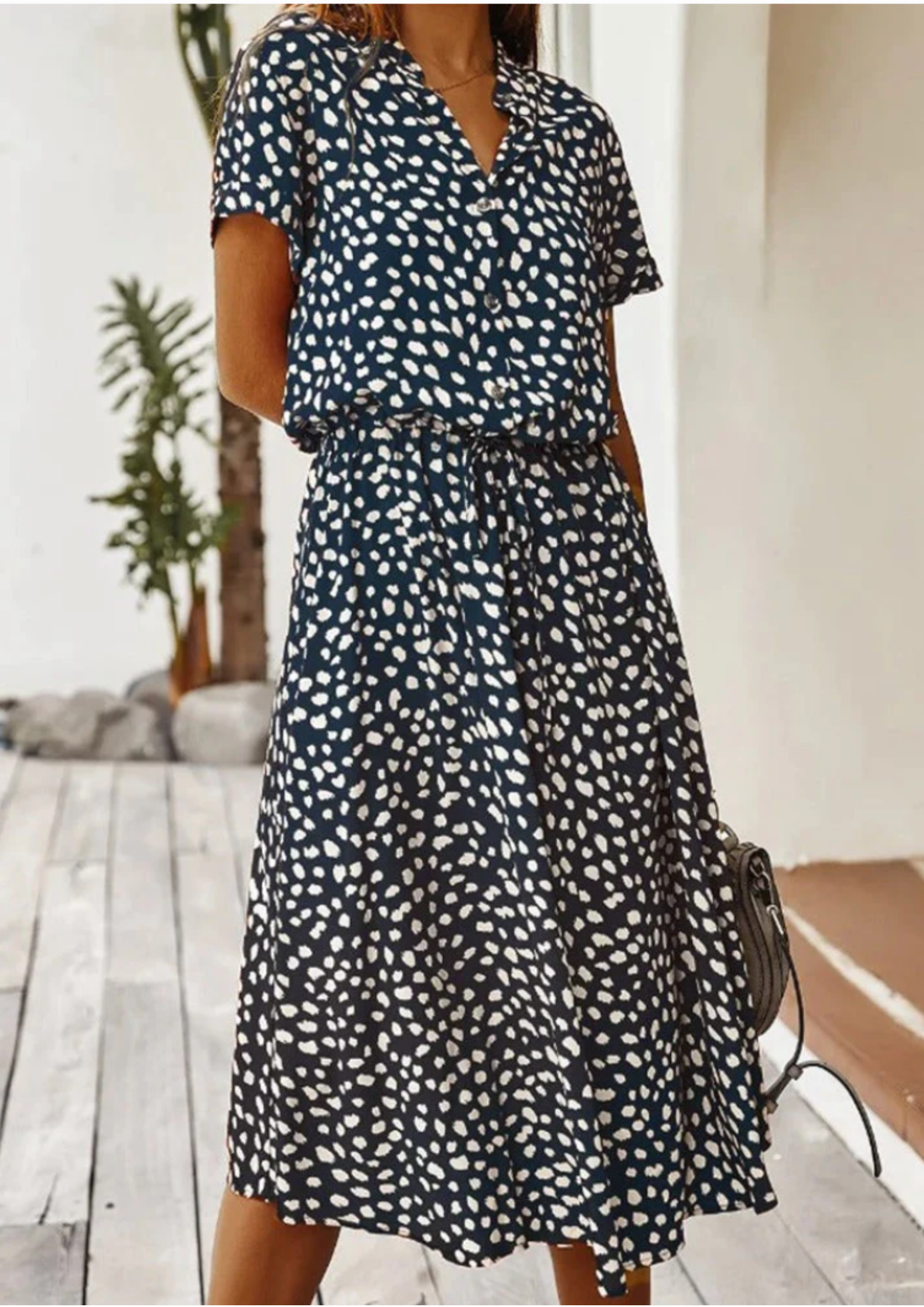 Aurora – Spotted Print Short Sleeve A Line Midi Dress