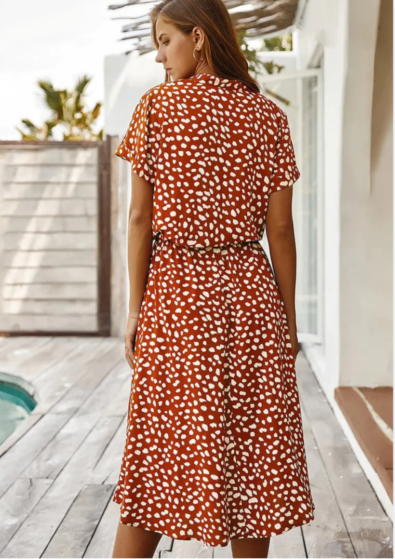 Aurora – Spotted Print Short Sleeve A Line Midi Dress