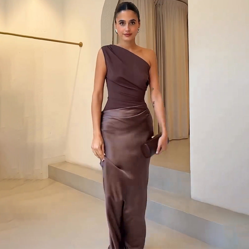 Ximena – Satin One Shoulder Ruched Evening Maxi Dress