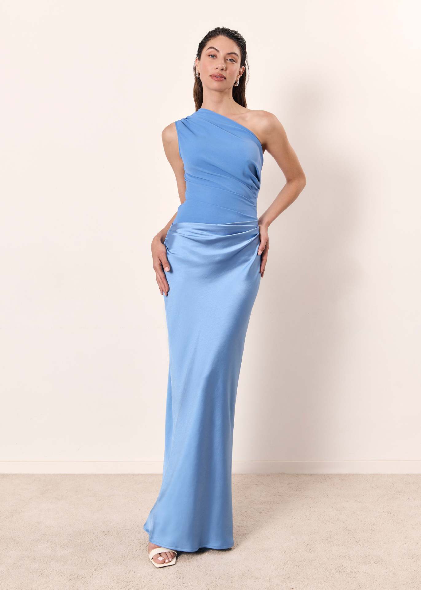 Ximena – Satin One Shoulder Ruched Evening Maxi Dress