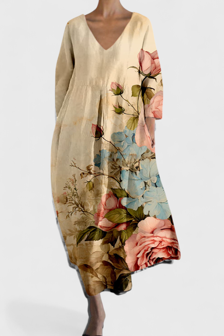 Caroline – Abstract Print V Neck Flowy Midi Dress