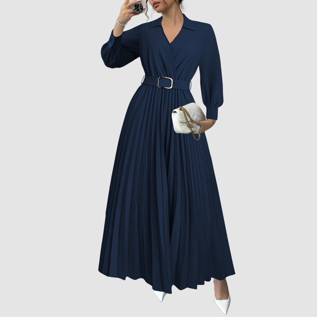 Edith – Pleated Long Sleeve Maxi Shirt Dress