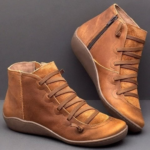 Mia – Leather Round Toe Wedge Ankle Boots