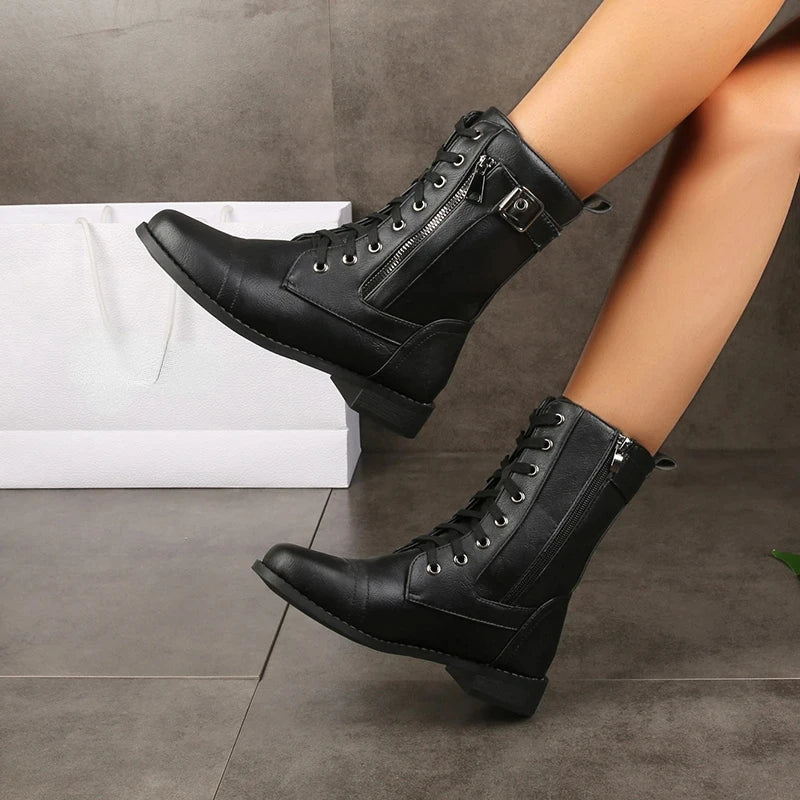 Mary – Leather Lace Up Block Heel Combat Boots