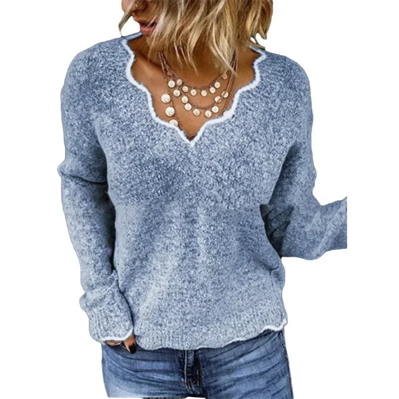 Mary – Lace Trim V Neck Knit Sweater