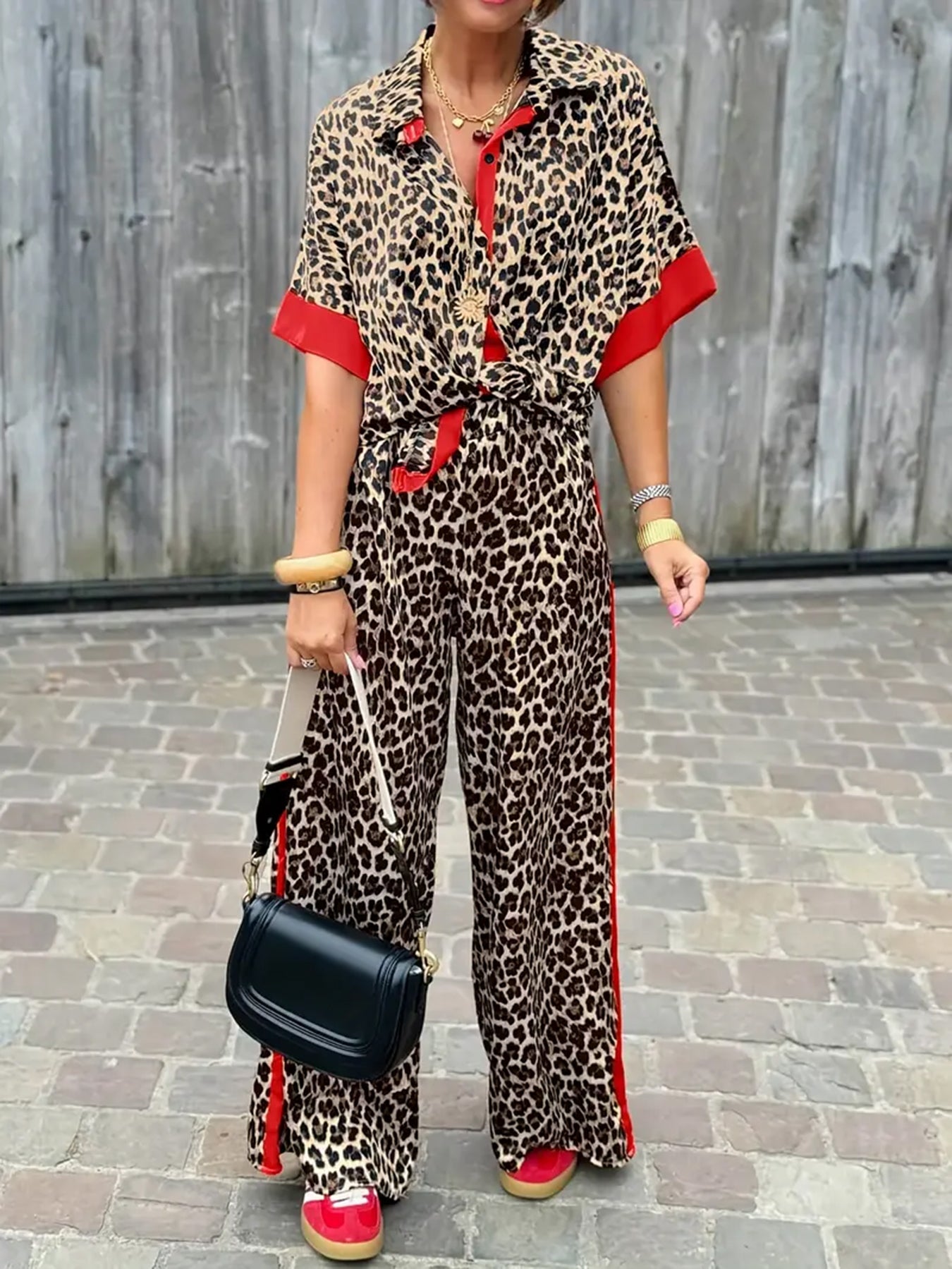 Grace – Leopard Print Shirt and Wide Leg Pants Set