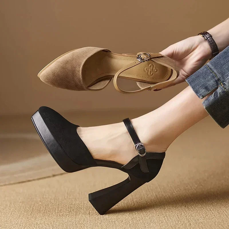 Amelia – Suede Ankle Strap Platform Pumps