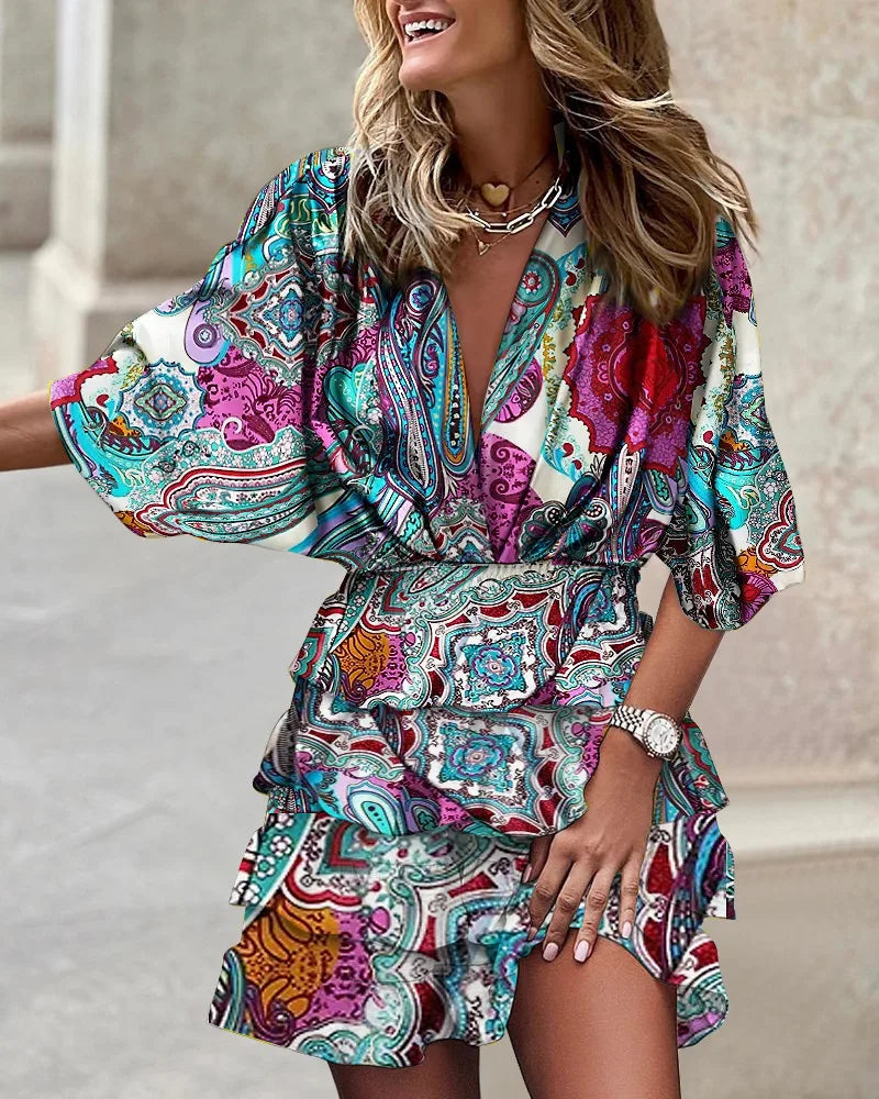 Grace – Leaf Print V Neck Smocked Ruffle Mini Dress