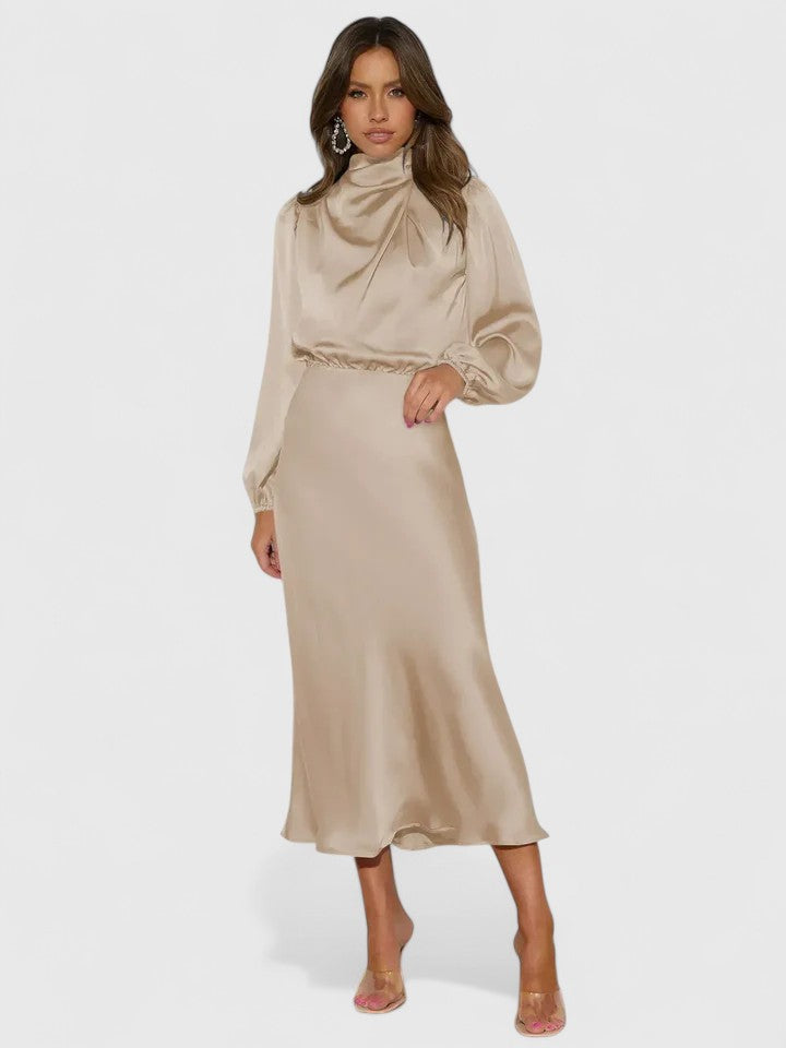 Rosalie – Satin Balloon Sleeve Cocktail Midi Dress