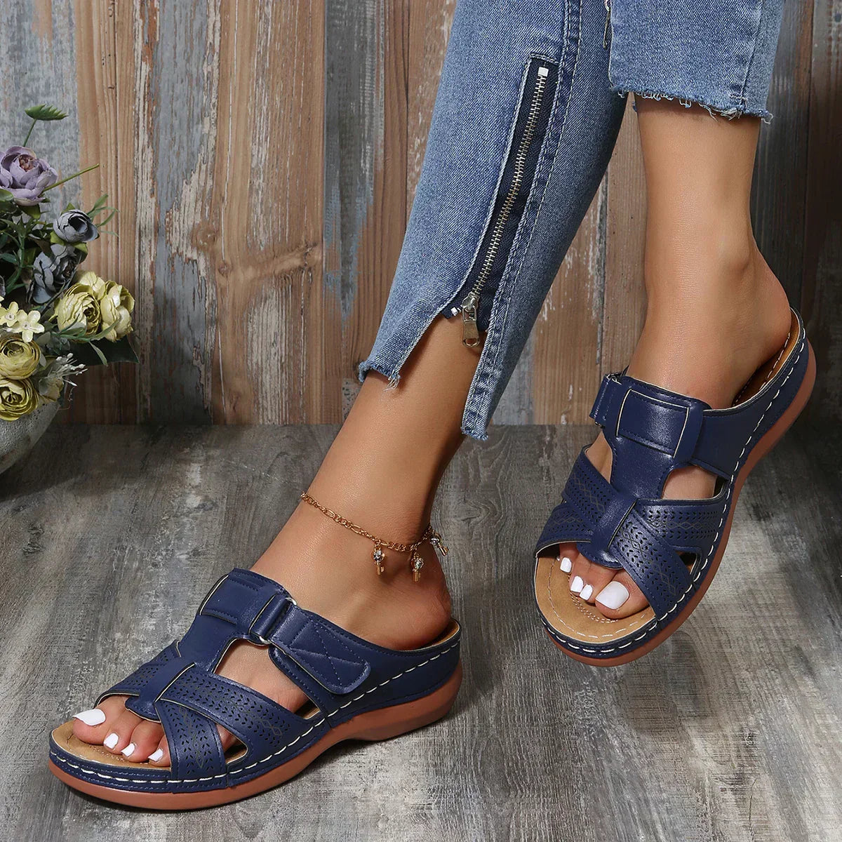 Adriana – Stitched Cutout Wedge Slide Sandals