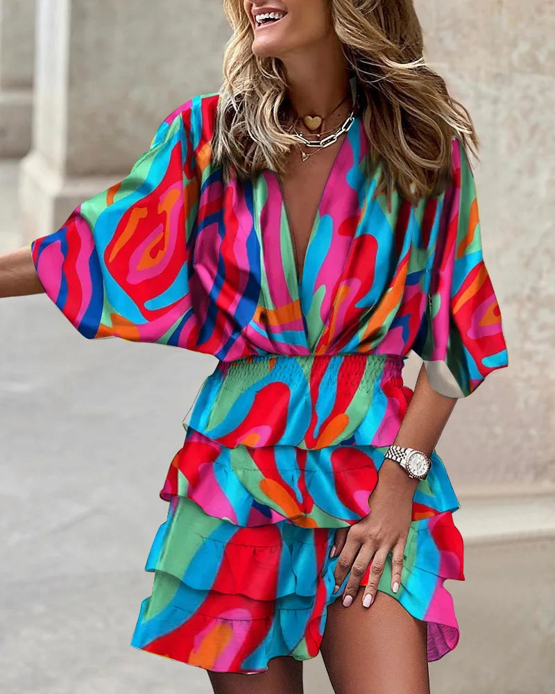 Grace – Leaf Print V Neck Smocked Ruffle Mini Dress