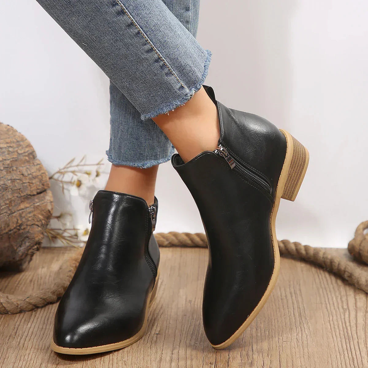 Freya – Leather Block Heel Ankle Boots