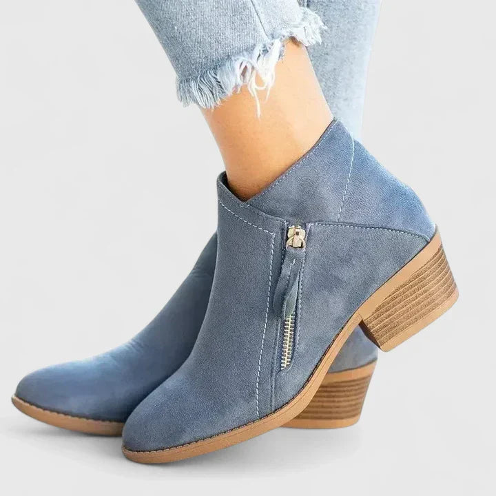 Sophie – Suede Block Heel Side Zip Ankle Boots