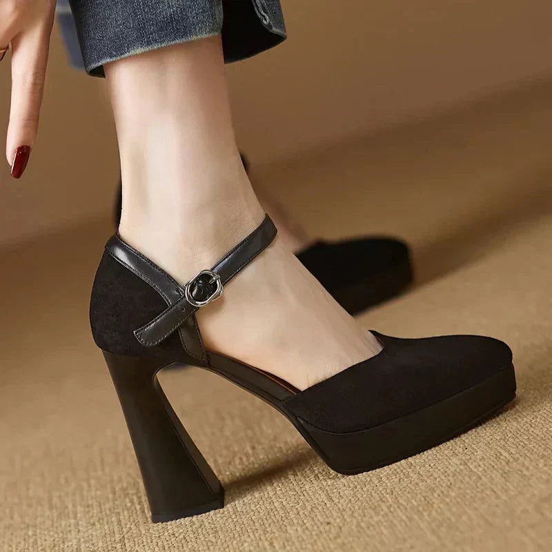 Amelia – Suede Ankle Strap Platform Pumps