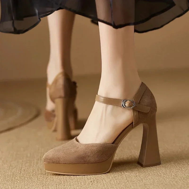 Amelia – Suede Ankle Strap Platform Pumps