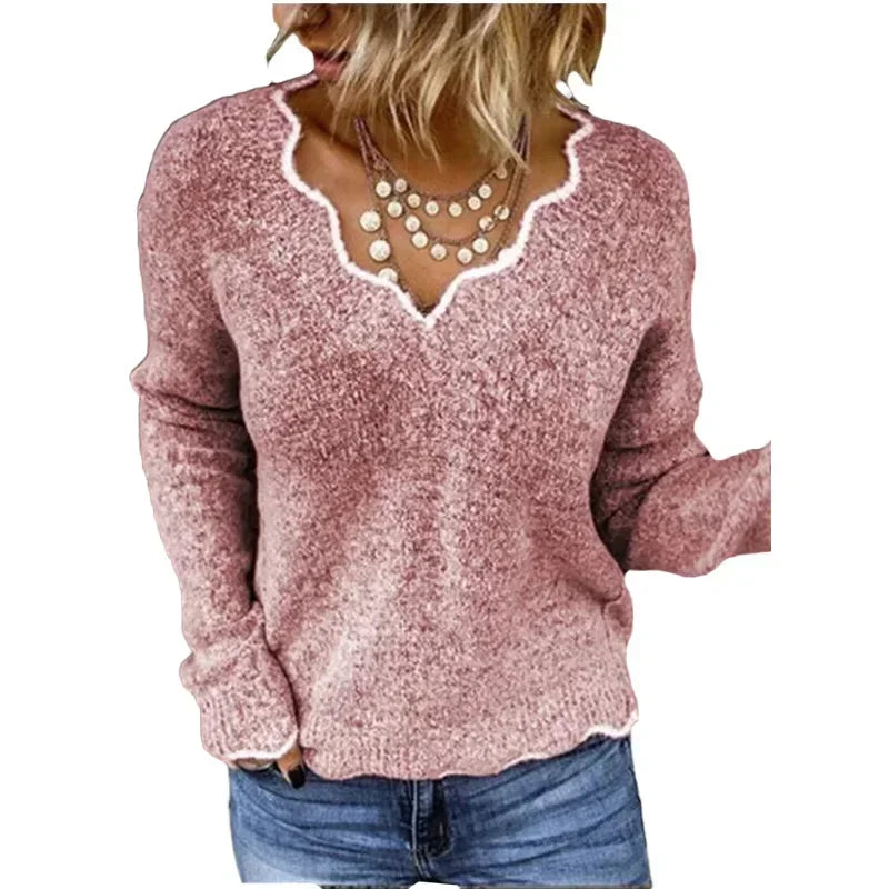 Mary – Lace Trim V Neck Knit Sweater