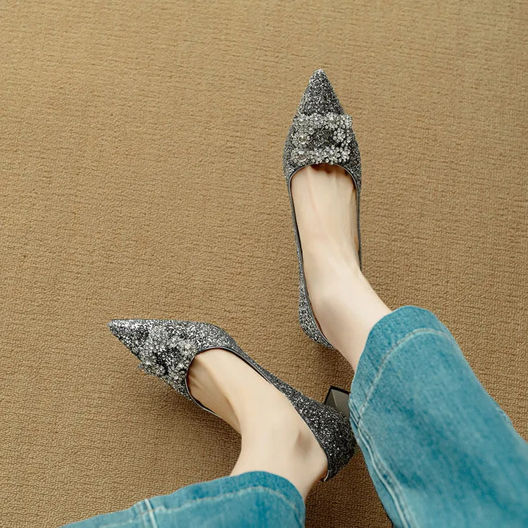 Cora – Glitter Pointed Toe Block Heel Pumps