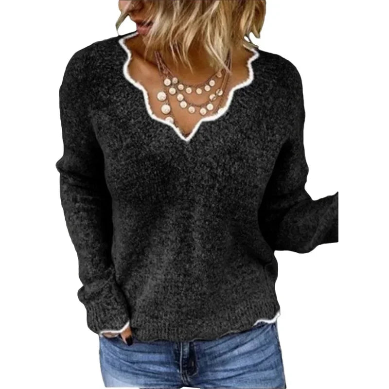 Mary – Lace Trim V Neck Knit Sweater
