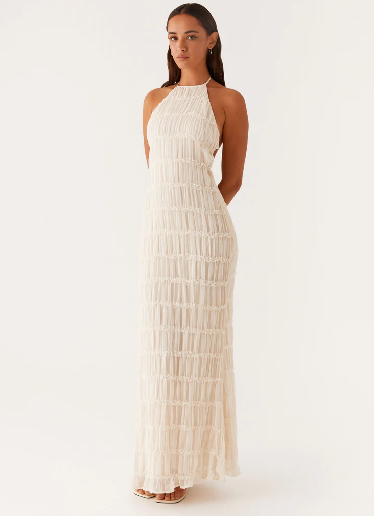 Quinn – Geometric Print Halter Wedding Guest Maxi Dress