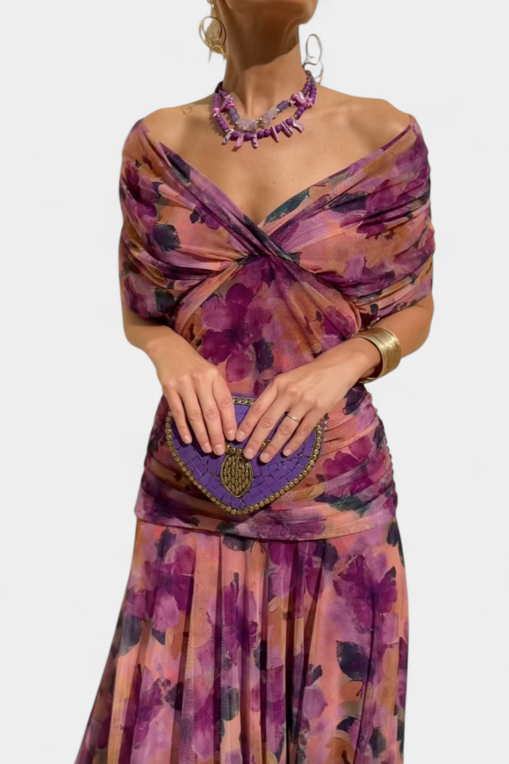 Ava – Mesh Off Shoulder Ruched Evening Maxi Dress