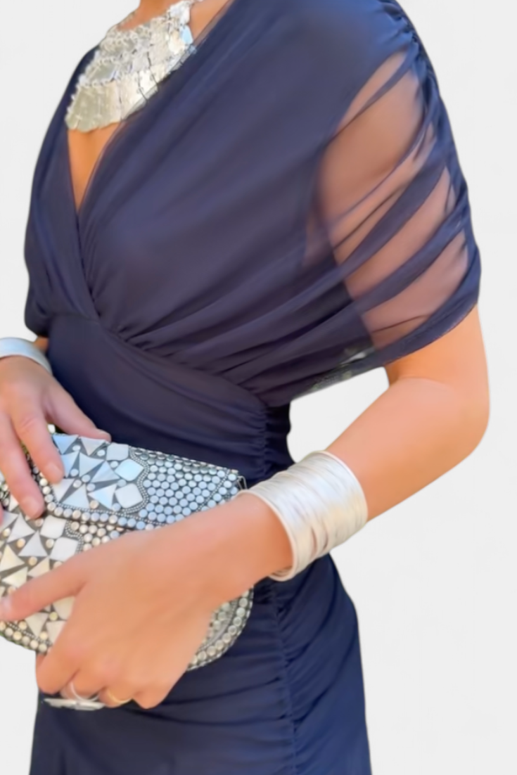 Ava – Mesh Off Shoulder Ruched Evening Maxi Dress