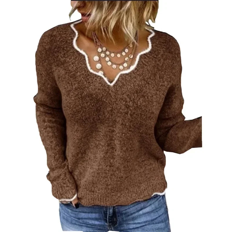 Mary – Lace Trim V Neck Knit Sweater