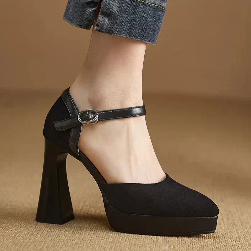 Amelia – Suede Ankle Strap Platform Pumps