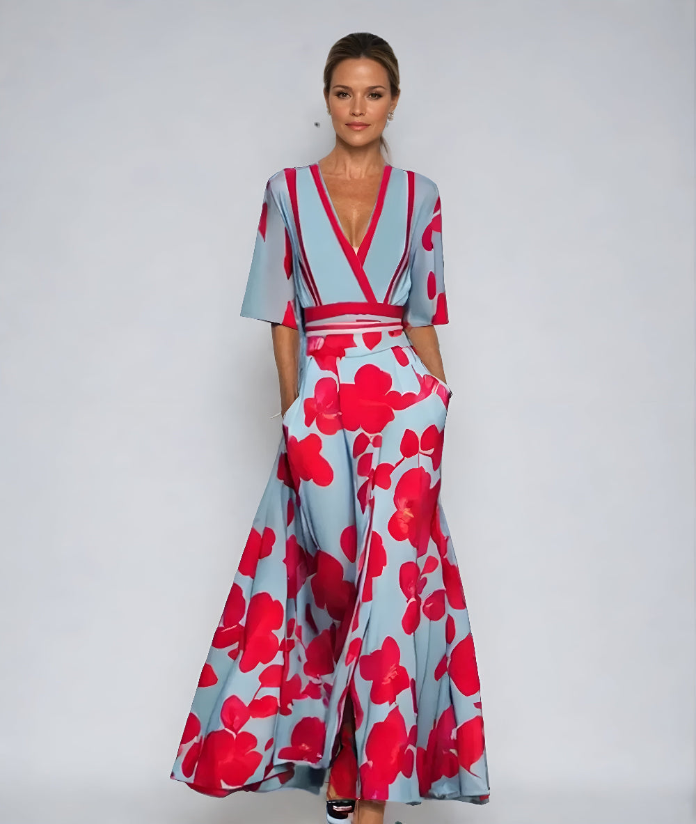 Journee – Floral Print Wrap V Neck Maxi Dress
