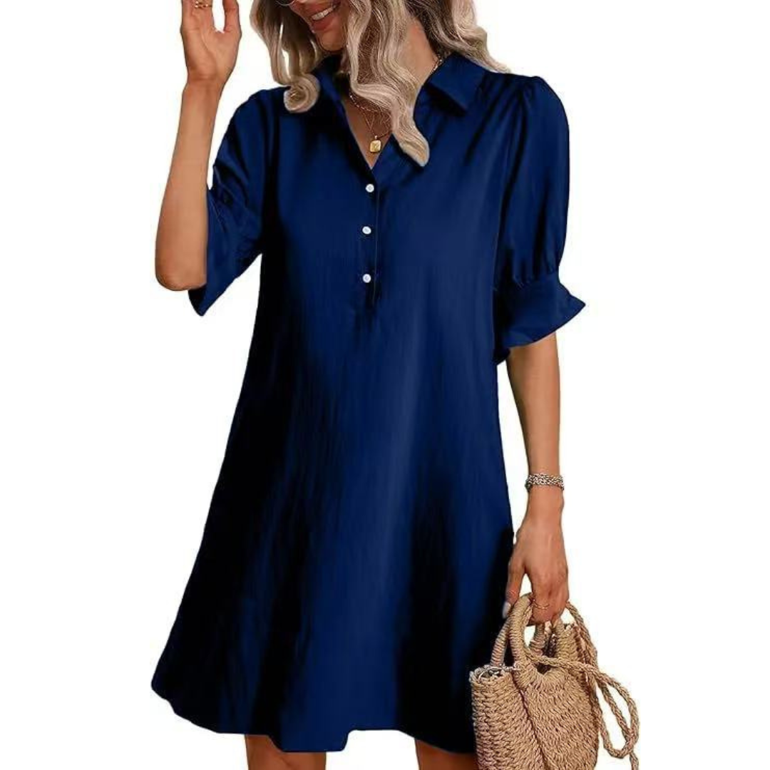 Skylar – Collared Long Sleeve Swing Mini Shirt Dress