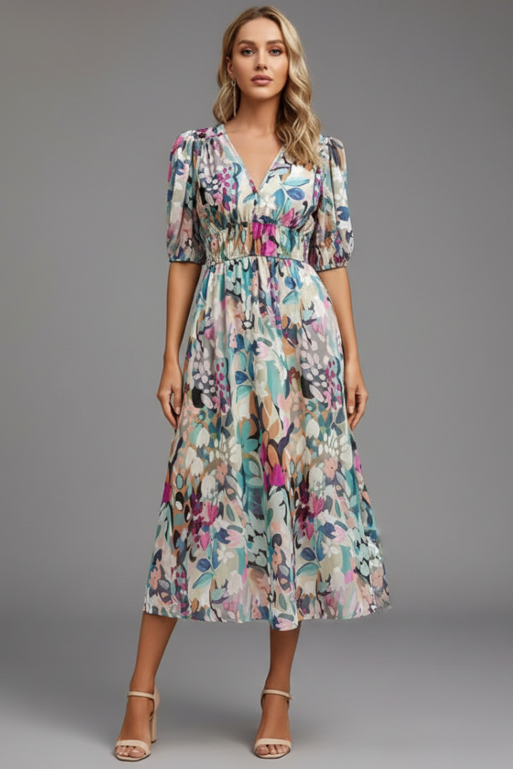 Kinsley – Floral V Neck Puff Sleeve Maxi Dress