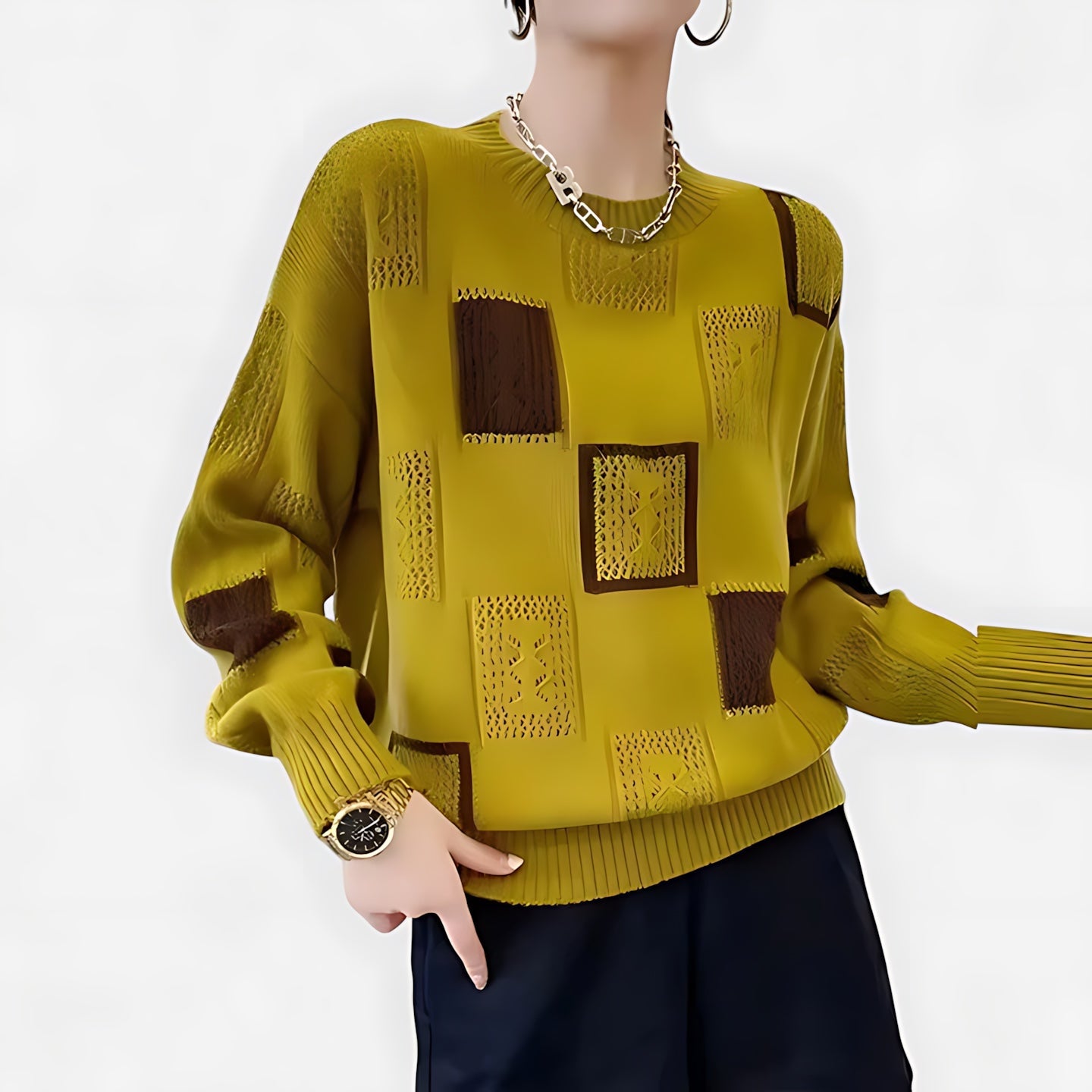 Aaliyah – Geometric Print Crew Neck Knit Sweater
