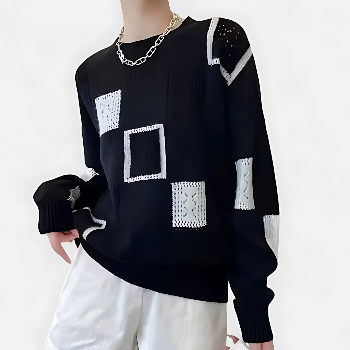 Aaliyah – Geometric Print Crew Neck Knit Sweater