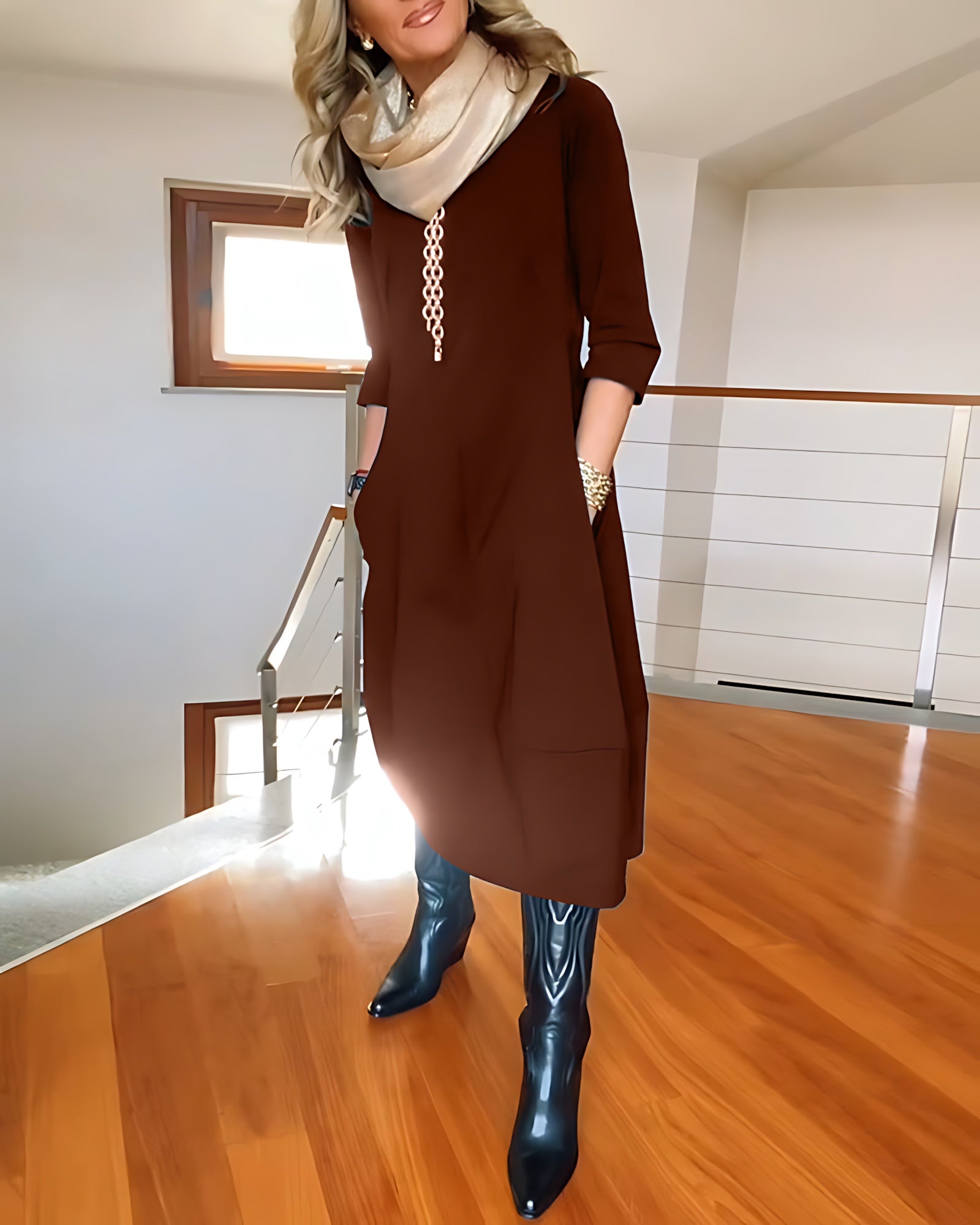 Aaliyah – Scoop Neck Long Sleeve Cocoon Maxi Dress