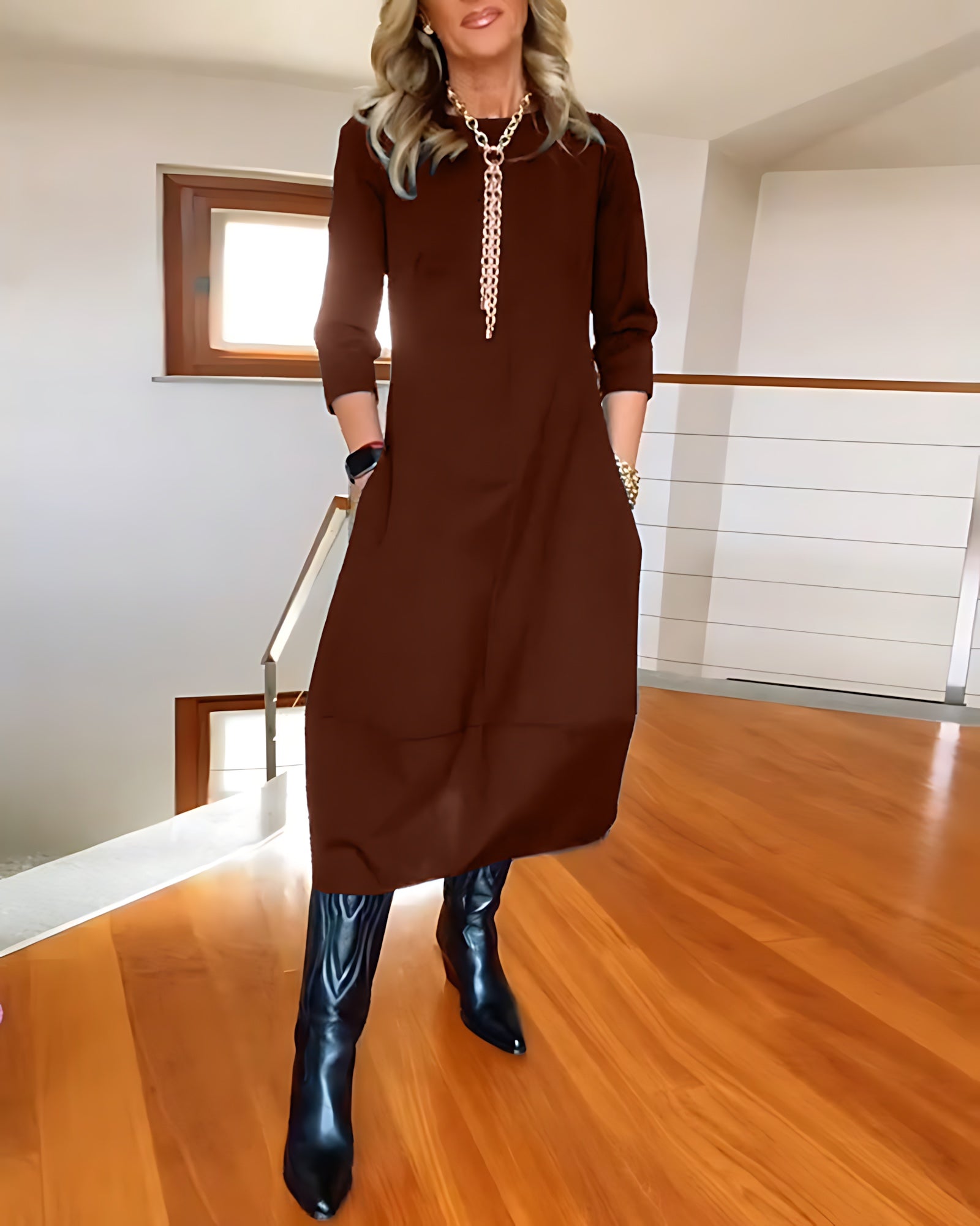 Aaliyah – Scoop Neck Long Sleeve Cocoon Maxi Dress