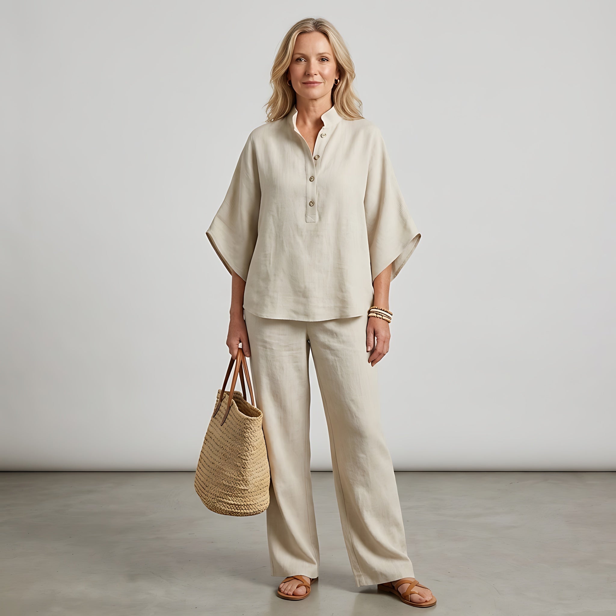 Abigail – Button Up Collared Shirt and Wide Leg Pants Set