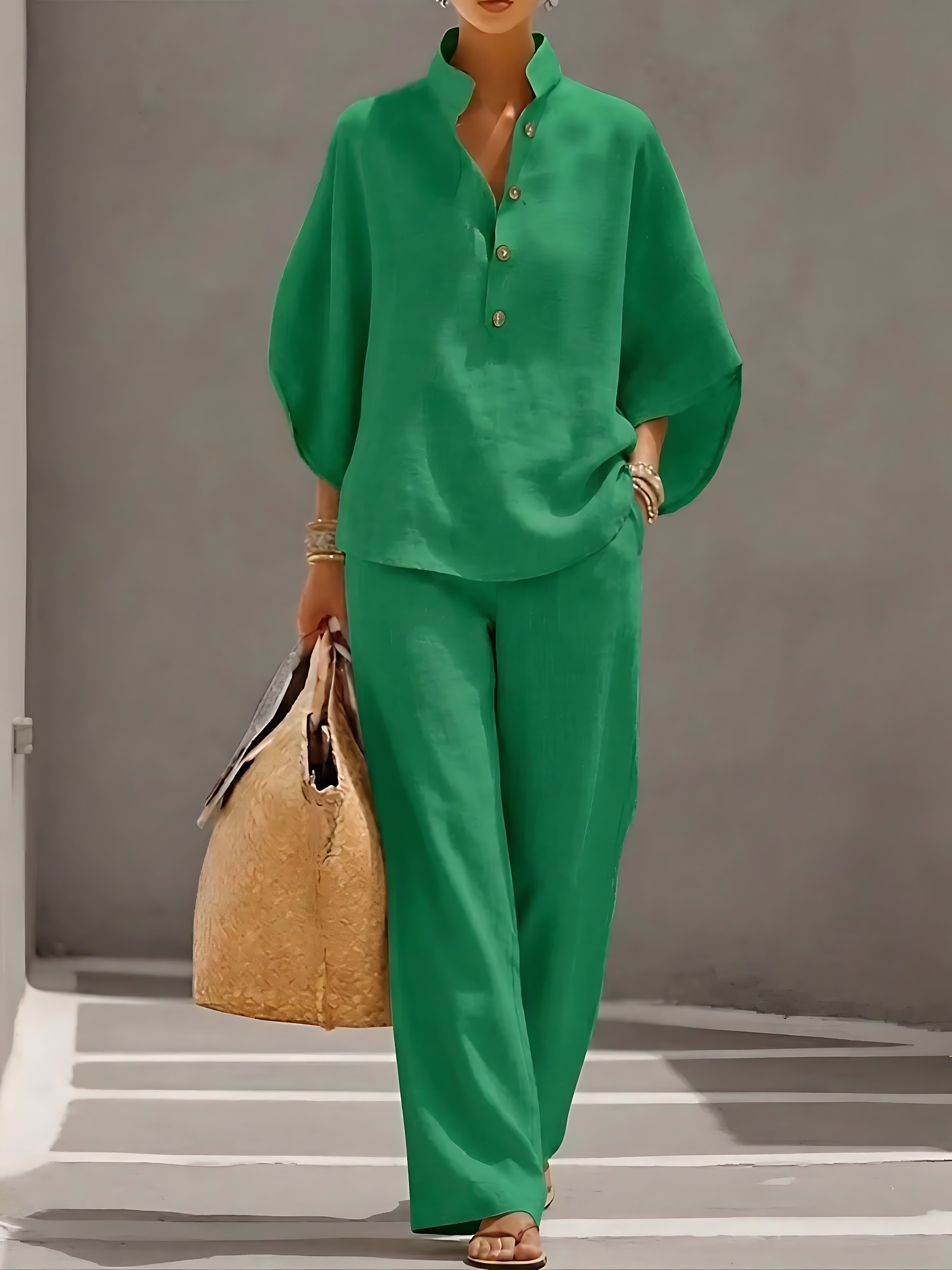 Abigail – Button Up Collared Shirt and Wide Leg Pants Set