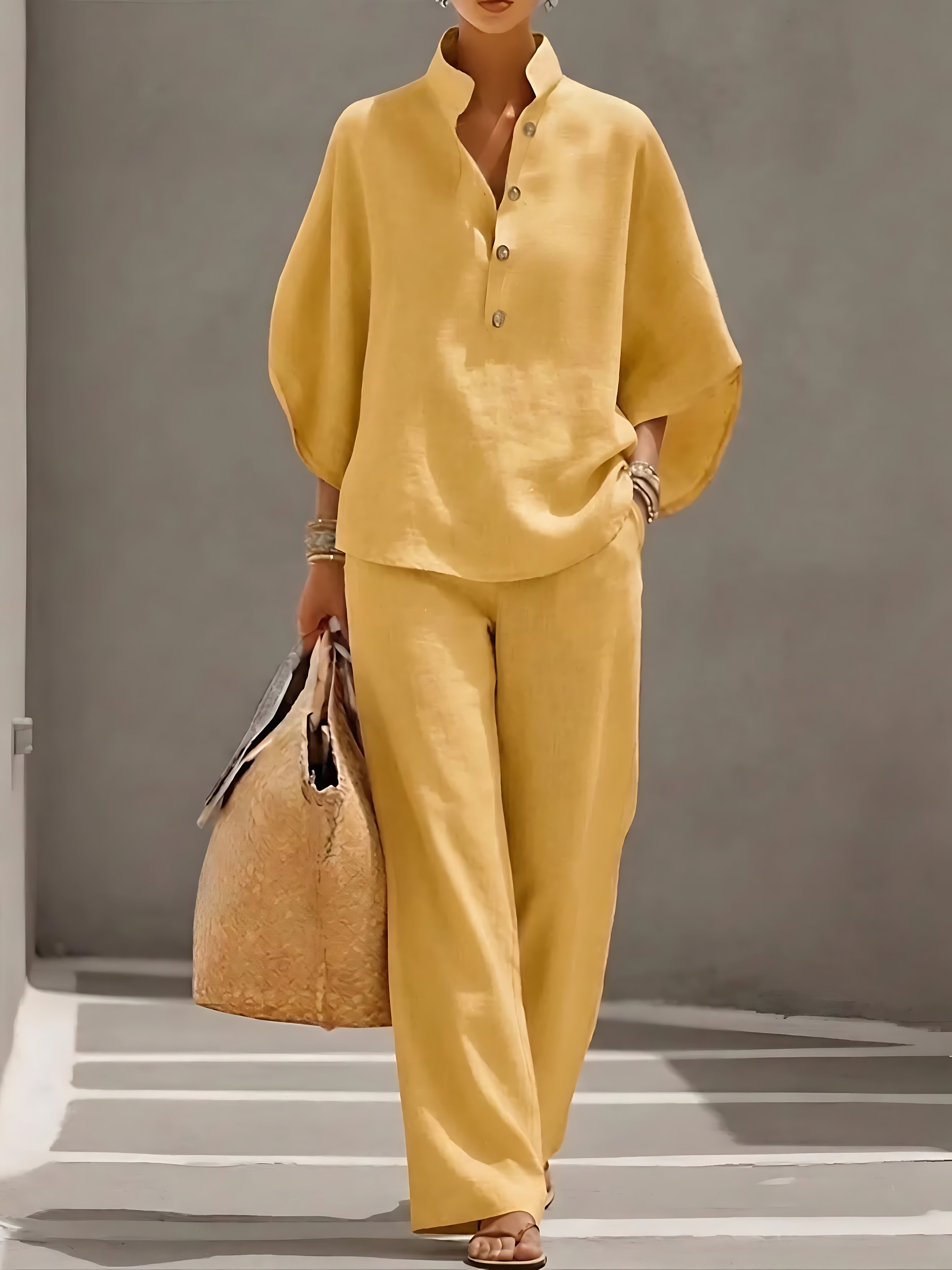 Abigail – Button Up Collared Shirt and Wide Leg Pants Set