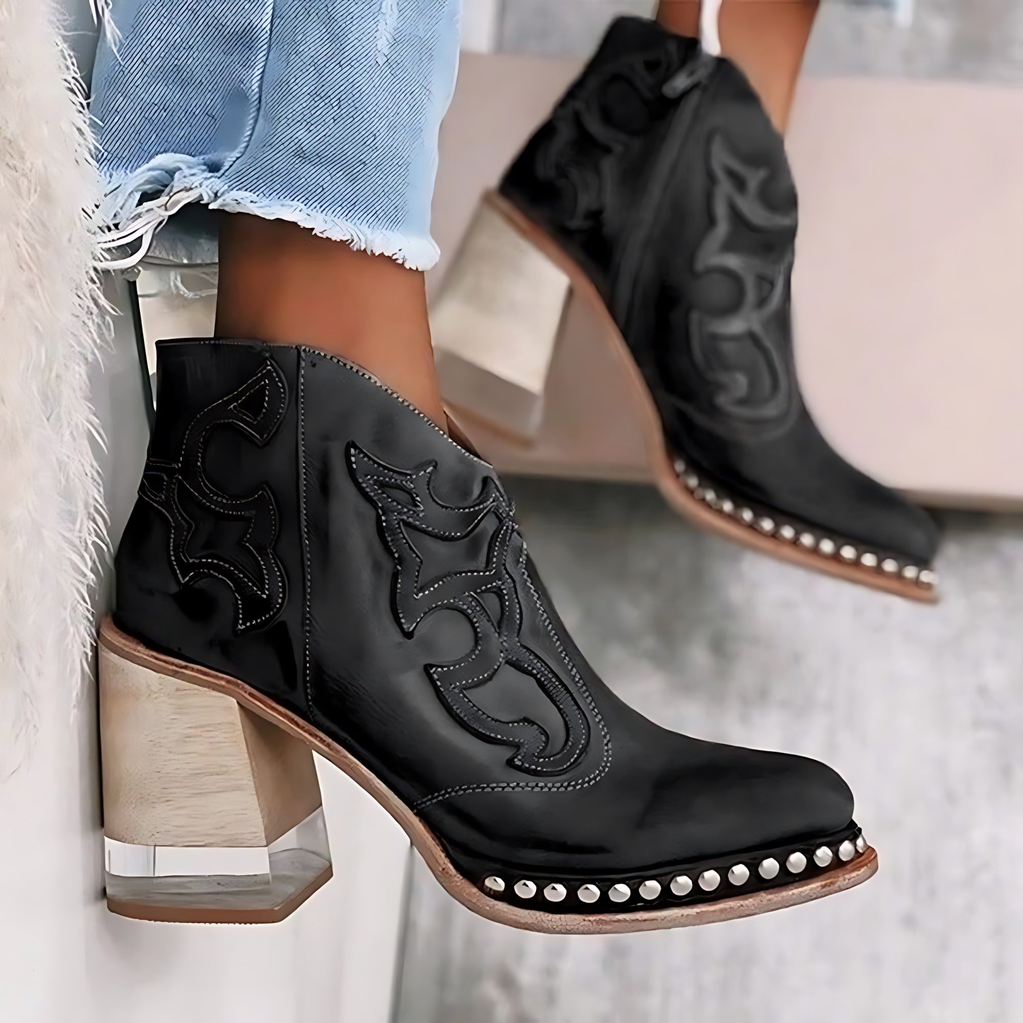 Abigail – Embroidered Block Heel Western Ankle Boots