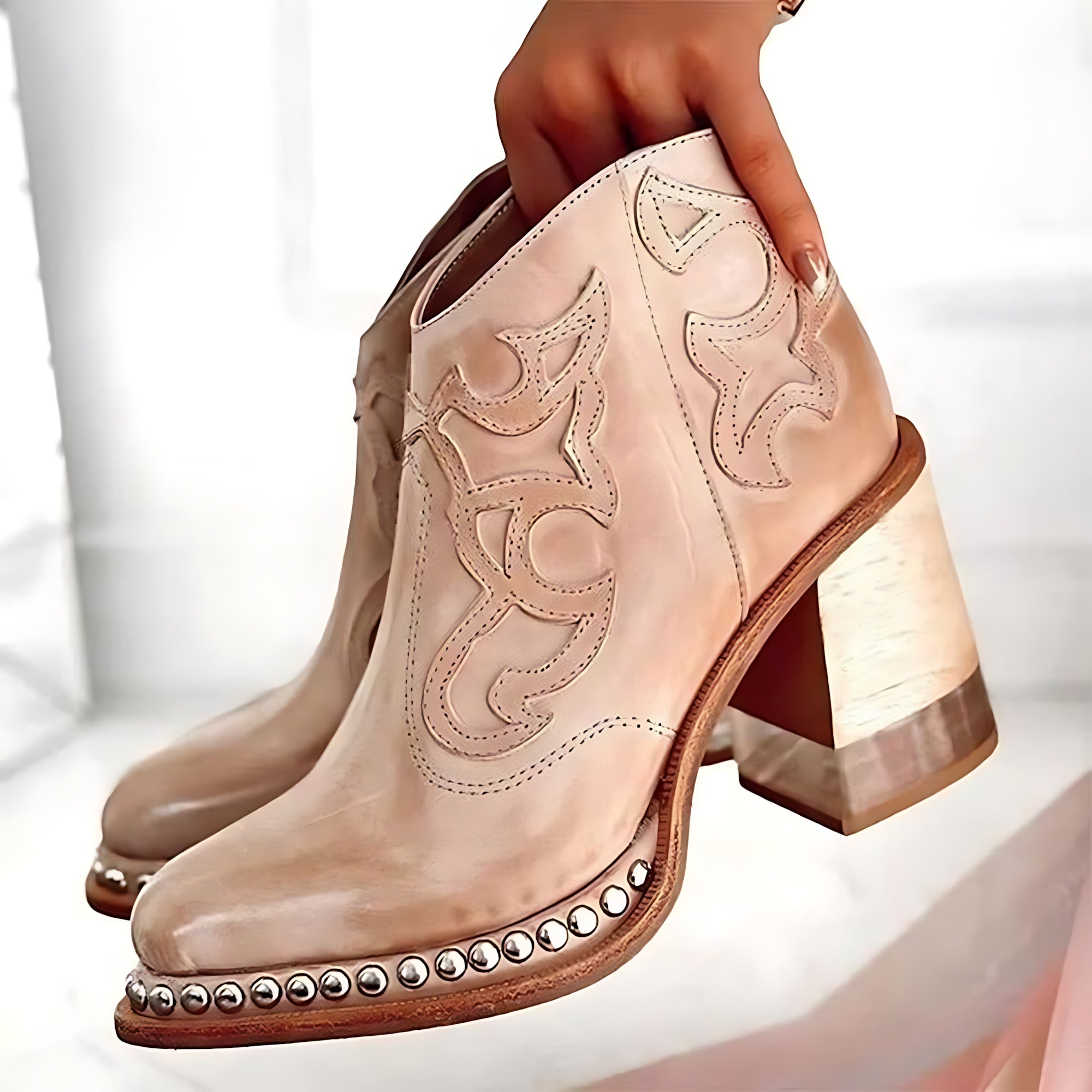Abigail – Embroidered Block Heel Western Ankle Boots
