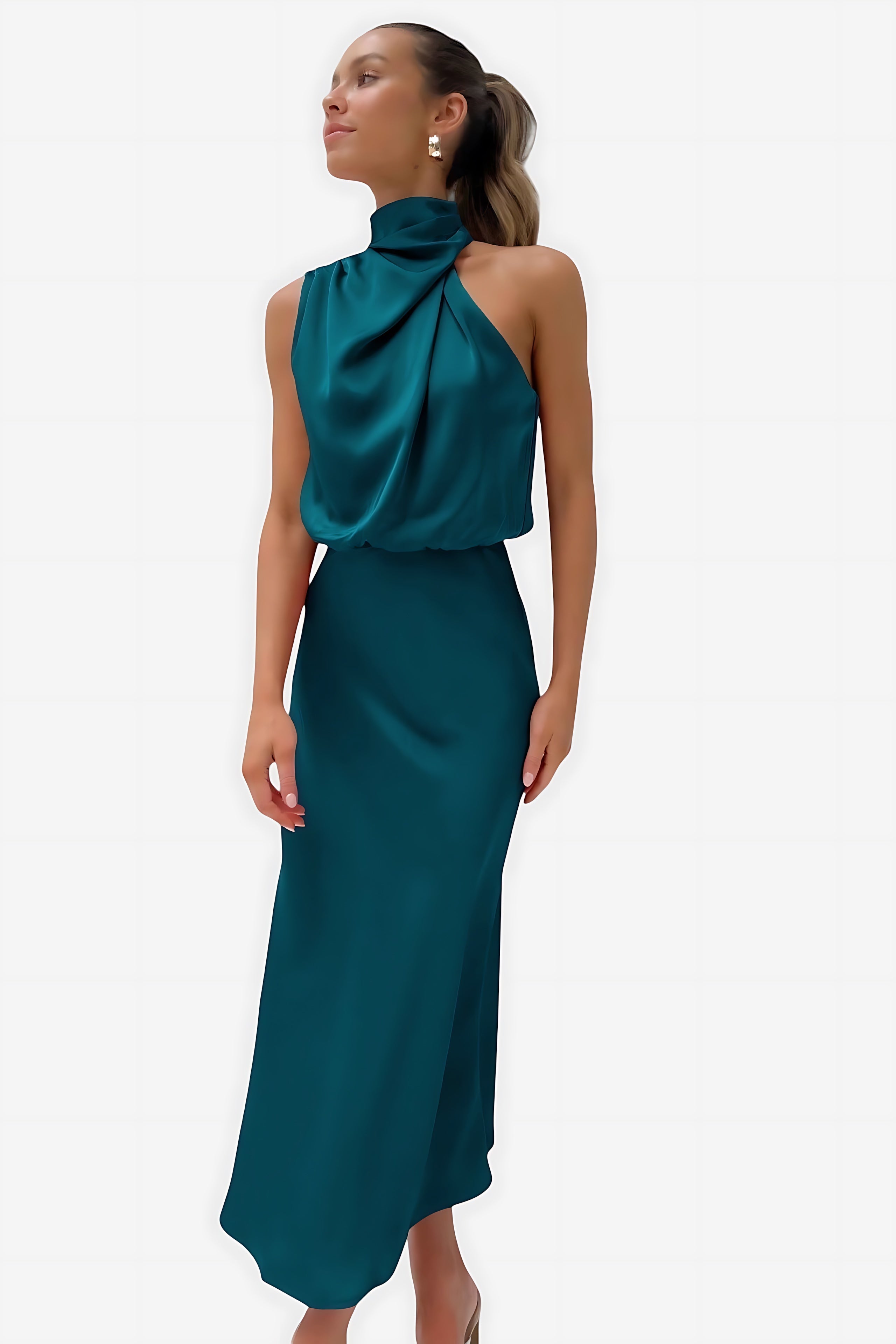 Abigail – Satin Halter Neck Cocktail Midi Dress
