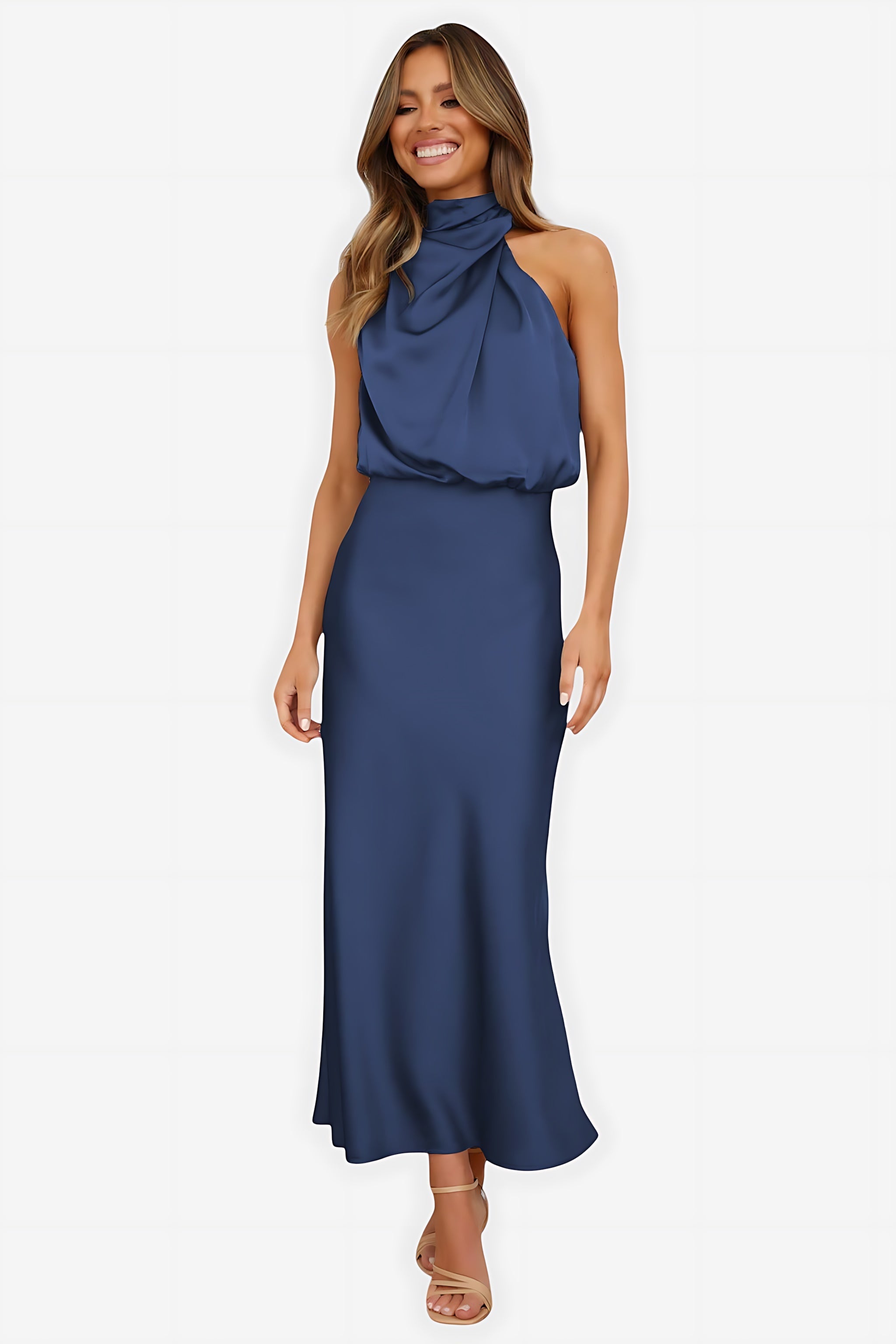 Abigail – Satin Halter Neck Cocktail Midi Dress